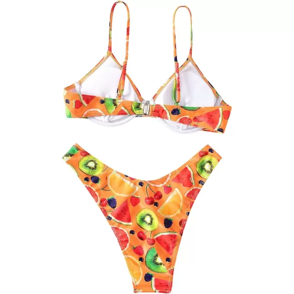 Floerns Women's 2 Piece Set Fruit Printed Underwire Bra High Cut Bikini Swimsuit
