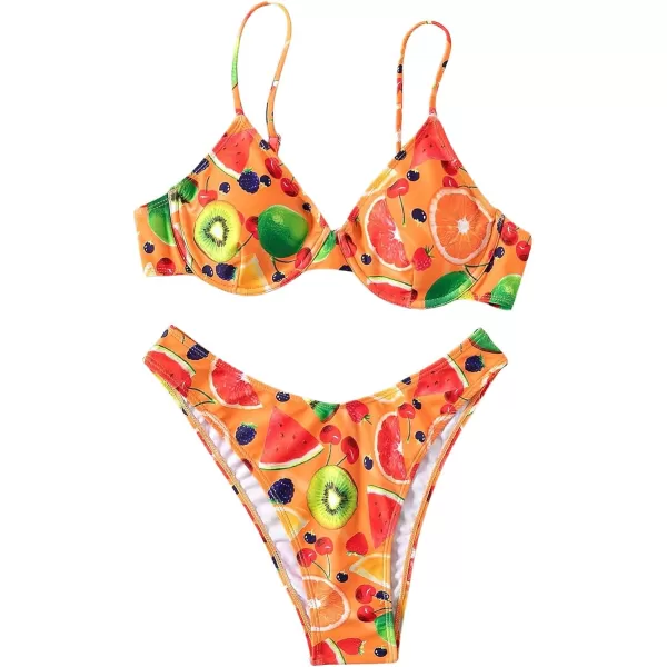 Floerns Women's 2 Piece Set Fruit Printed Underwire Bra High Cut Bikini Swimsuit