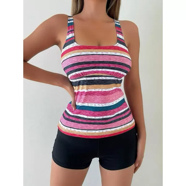 Floerns Women's 2 Piece Striped Print Scoop Neck Tank Top and Shorts Tankini Swimsuit Set