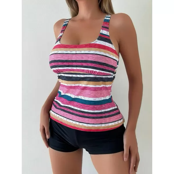Floerns Women's 2 Piece Striped Print Scoop Neck Tank Top and Shorts Tankini Swimsuit Set