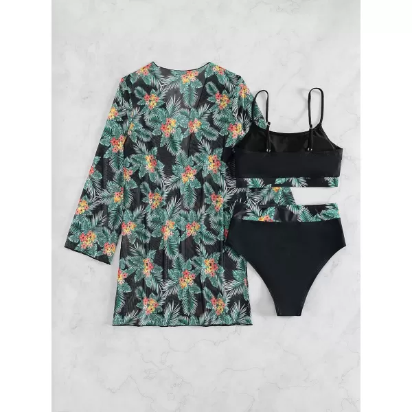 Floerns Women's 3 Piece Bathing Suit Tropical Print Bikini Set with Kimono Cover Up