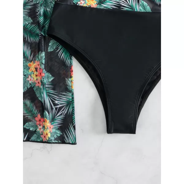 Floerns Women's 3 Piece Bathing Suit Tropical Print Bikini Set with Kimono Cover Up