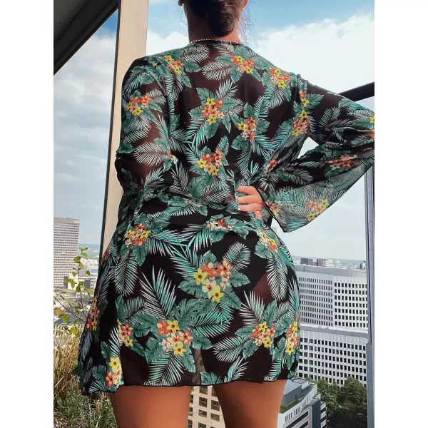 Floerns Women's 3 Piece Bathing Suit Tropical Print Bikini Set with Kimono Cover Up