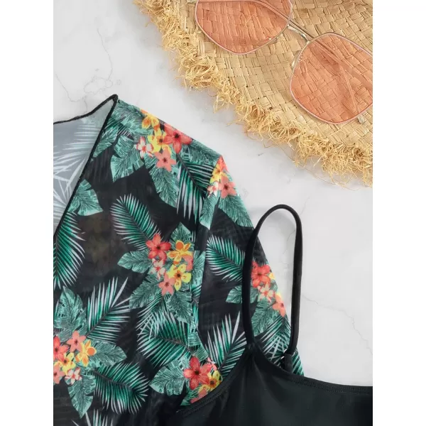 Floerns Women's 3 Piece Bathing Suit Tropical Print Bikini Set with Kimono Cover Up