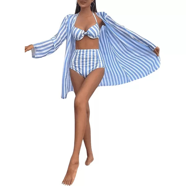 Floerns Women's 3 Piece Bikini Swimsuits Striped Print Push Up Bow Front High Waisted Bathing Suit with Kimono