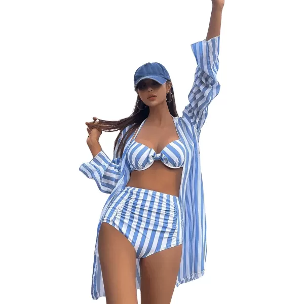 Floerns Women's 3 Piece Bikini Swimsuits Striped Print Push Up Bow Front High Waisted Bathing Suit with Kimono