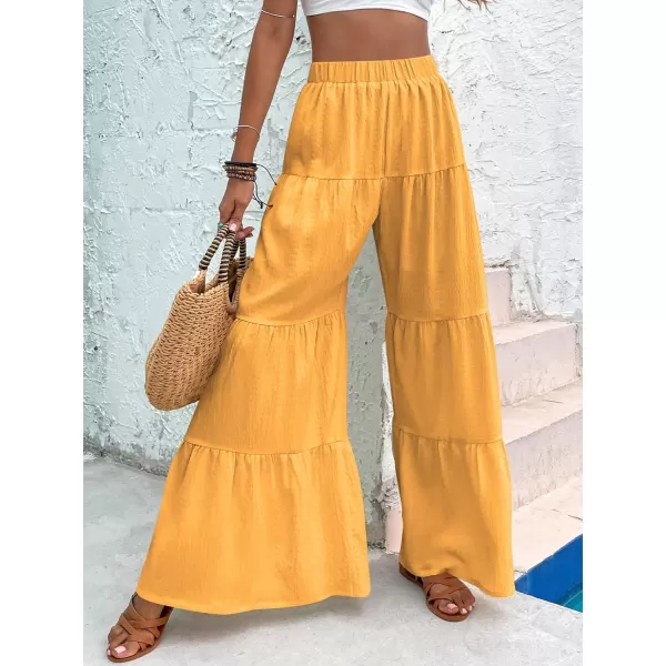 Floerns Women's Boho Elastic High Waisted Ruffle Hem Wide Leg Palazzo Pants