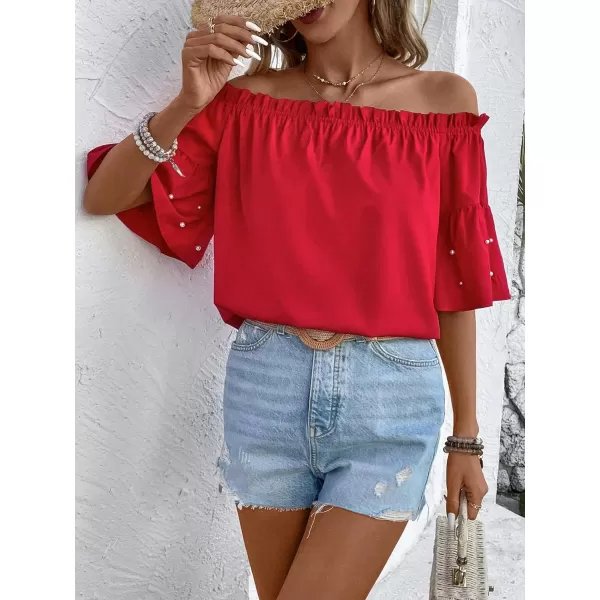 Floerns Women's Boho Off Shoulder 3/4 Bell Sleeve Summer Blouse Top
