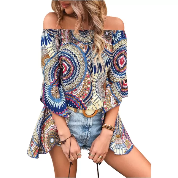 Floerns Women's Boho Off Shoulder 3/4 Bell Sleeve Summer Blouse Top