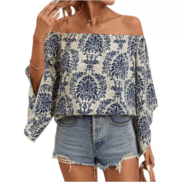 Floerns Women's Boho Off Shoulder 3/4 Bell Sleeve Summer Blouse Top
