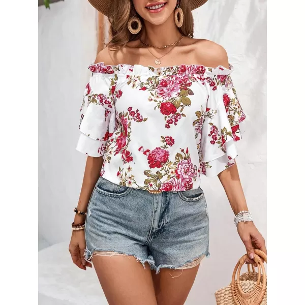Floerns Women's Boho Off Shoulder 3/4 Bell Sleeve Summer Blouse Top
