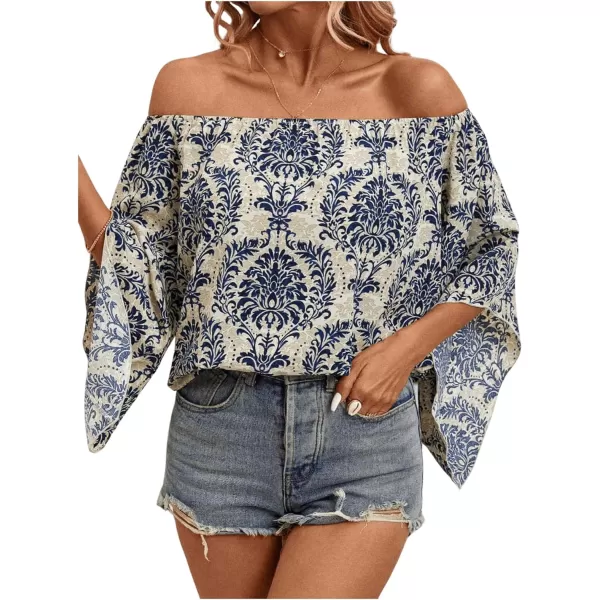 Floerns Women's Boho Off Shoulder 3/4 Bell Sleeve Summer Blouse Top