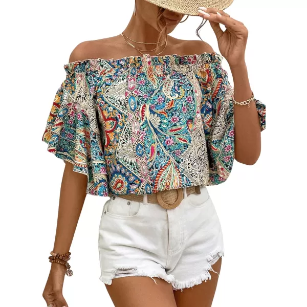 Floerns Women's Boho Off Shoulder 3/4 Bell Sleeve Summer Blouse Top