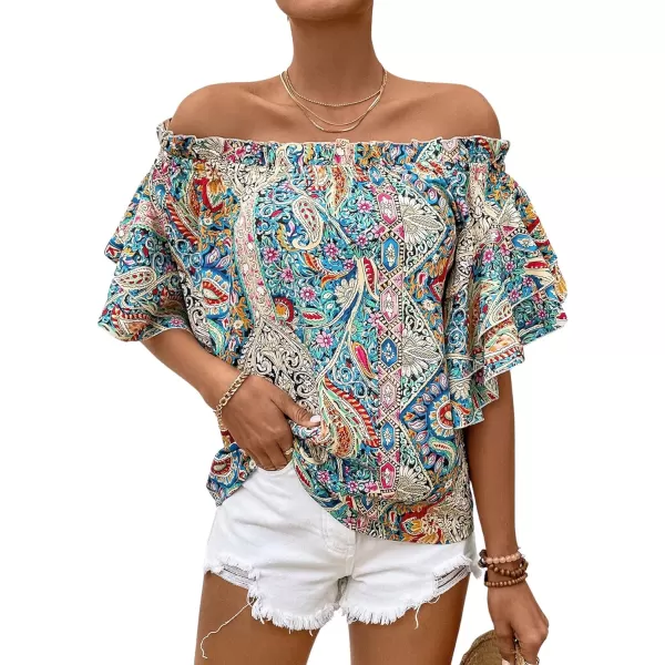 Floerns Women's Boho Off Shoulder 3/4 Bell Sleeve Summer Blouse Top