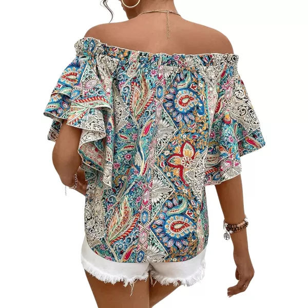 Floerns Women's Boho Off Shoulder 3/4 Bell Sleeve Summer Blouse Top