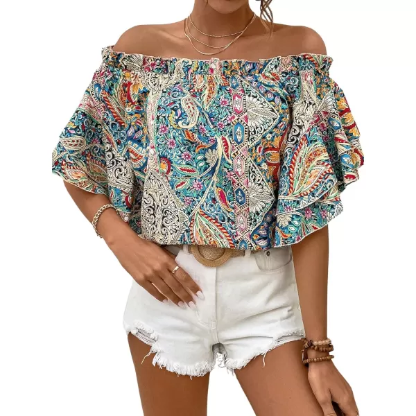 Floerns Women's Boho Off Shoulder 3/4 Bell Sleeve Summer Blouse Top