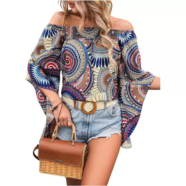 Floerns Women's Boho Off Shoulder 3/4 Bell Sleeve Summer Blouse Top