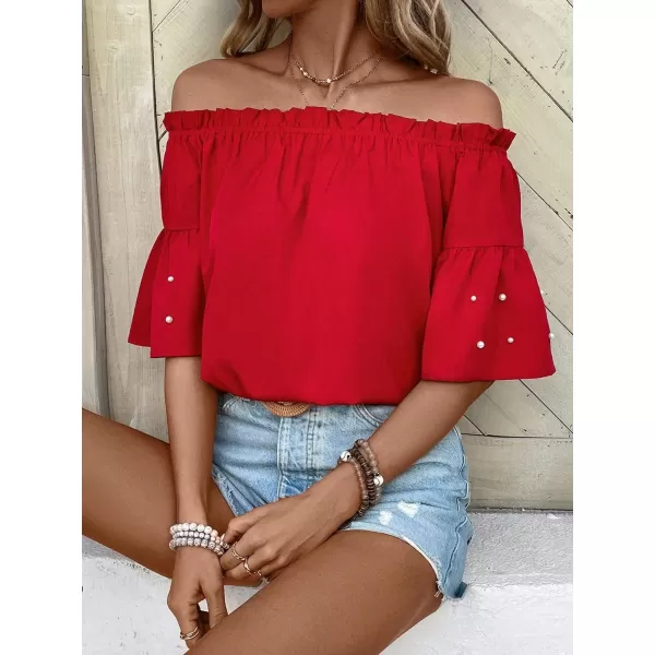 Floerns Women's Boho Off Shoulder 3/4 Bell Sleeve Summer Blouse Top