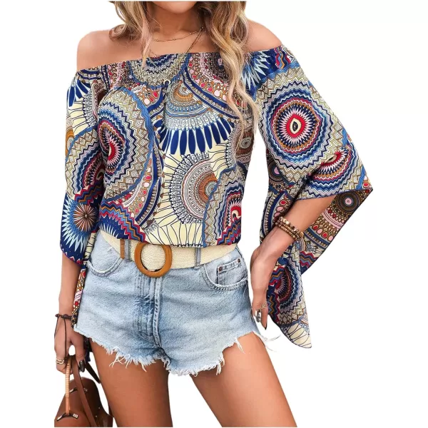 Floerns Women's Boho Off Shoulder 3/4 Bell Sleeve Summer Blouse Top