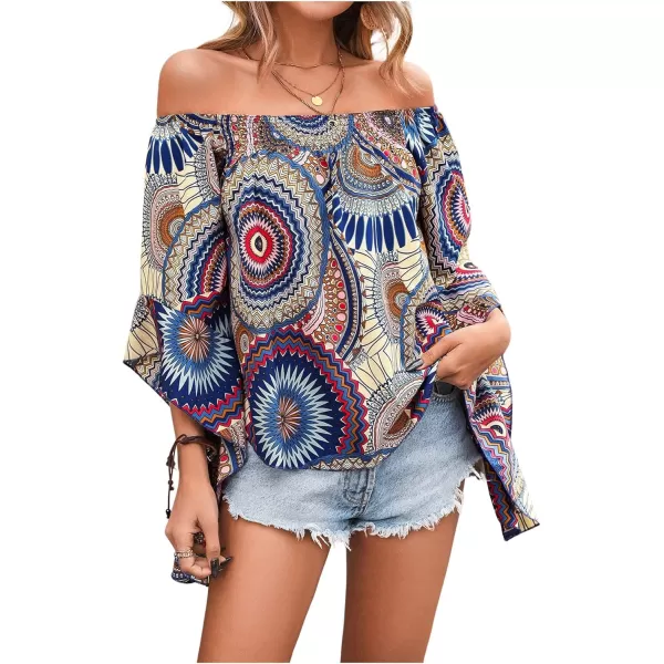 Floerns Women's Boho Off Shoulder 3/4 Bell Sleeve Summer Blouse Top