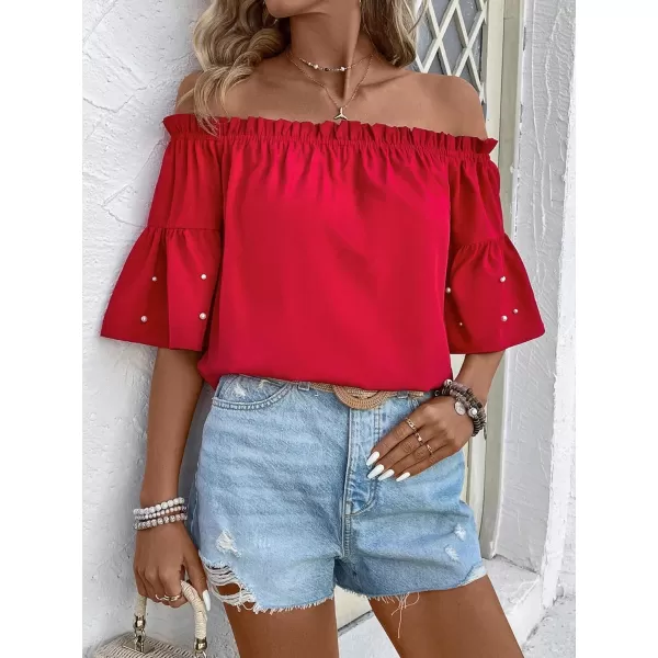 Floerns Women's Boho Off Shoulder 3/4 Bell Sleeve Summer Blouse Top