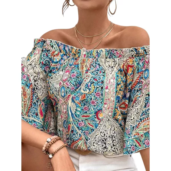 Floerns Women's Boho Off Shoulder 3/4 Bell Sleeve Summer Blouse Top
