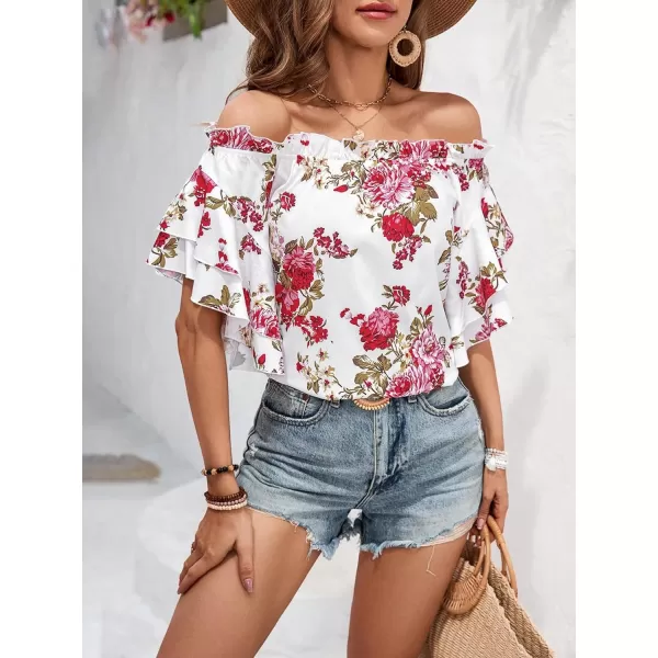 Floerns Women's Boho Off Shoulder 3/4 Bell Sleeve Summer Blouse Top