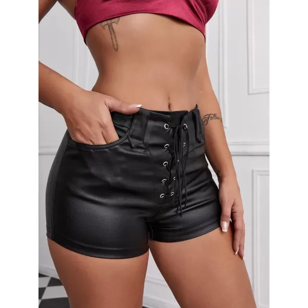 Floerns Women's Eyelets Drawstring Front High Waisted Solid Leather Shorts