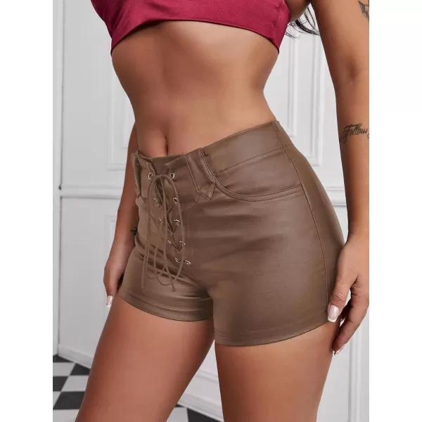 Floerns Women's Eyelets Drawstring Front High Waisted Solid Leather Shorts