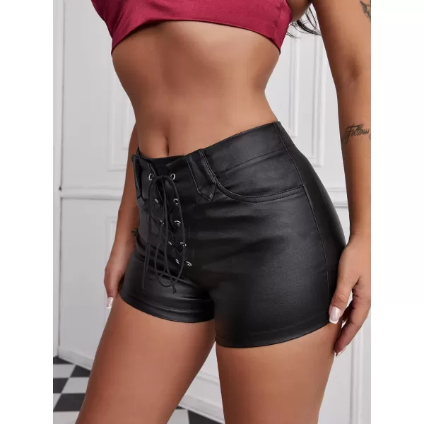 Floerns Women's Eyelets Drawstring Front High Waisted Solid Leather Shorts