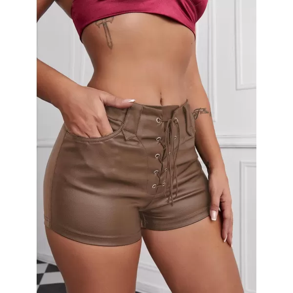 Floerns Women's Eyelets Drawstring Front High Waisted Solid Leather Shorts