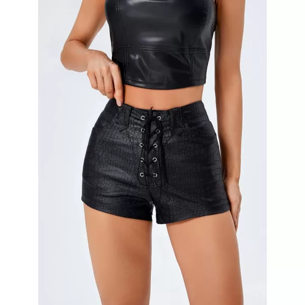 Floerns Women's Eyelets Drawstring Front High Waisted Solid Leather Shorts