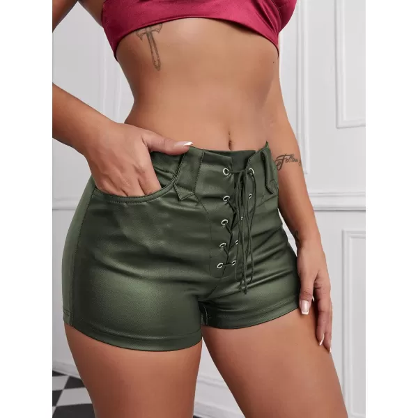 Floerns Women's Eyelets Drawstring Front High Waisted Solid Leather Shorts