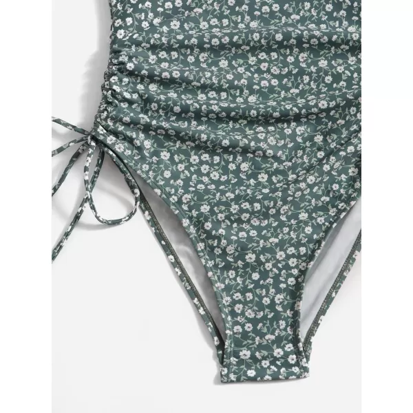 Floerns Women's Floral Print Monokini Swimwear Drawstring One Piece Swimsuit