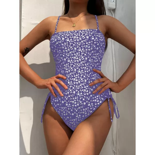 Floerns Women's Floral Print Monokini Swimwear Drawstring One Piece Swimsuit