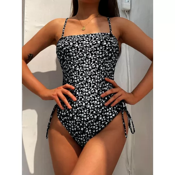 Floerns Women's Floral Print Monokini Swimwear Drawstring One Piece Swimsuit
