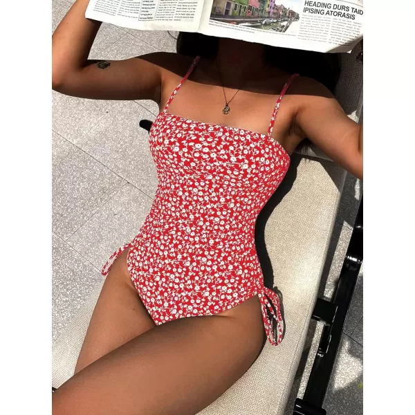 Floerns Women's Floral Print Monokini Swimwear Drawstring One Piece Swimsuit