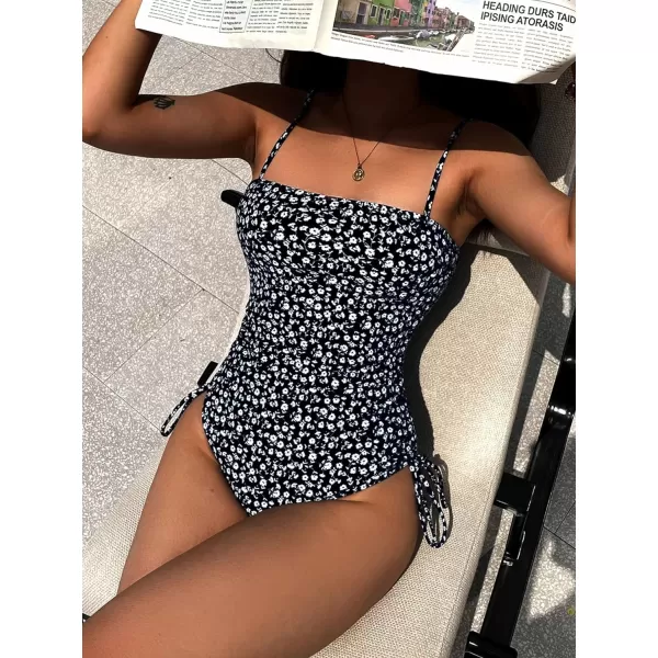 Floerns Women's Floral Print Monokini Swimwear Drawstring One Piece Swimsuit