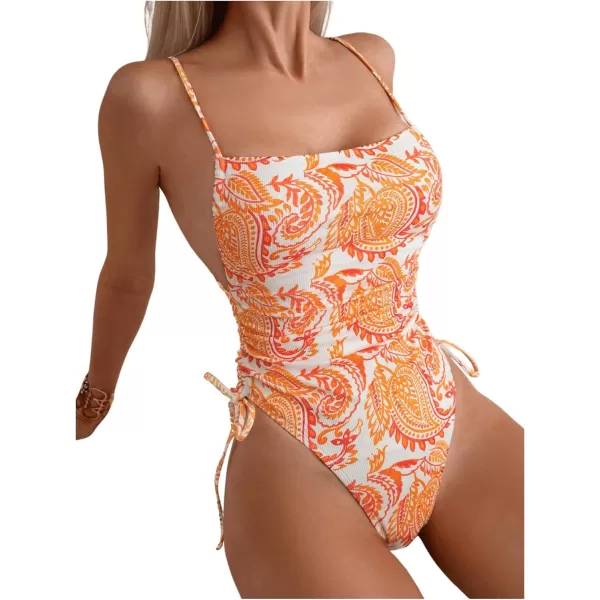 Floerns Women's Floral Print Monokini Swimwear Drawstring One Piece Swimsuit