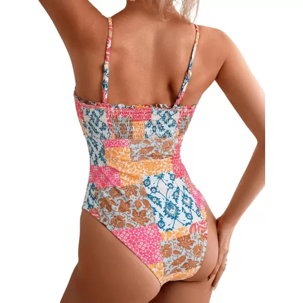 Floerns Women's Floral Print Monokini Swimwear Drawstring One Piece Swimsuit