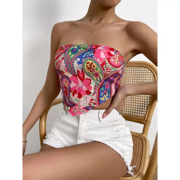 Floerns Women's Graphic Print Tie Back Strapless Bandana Tube Top