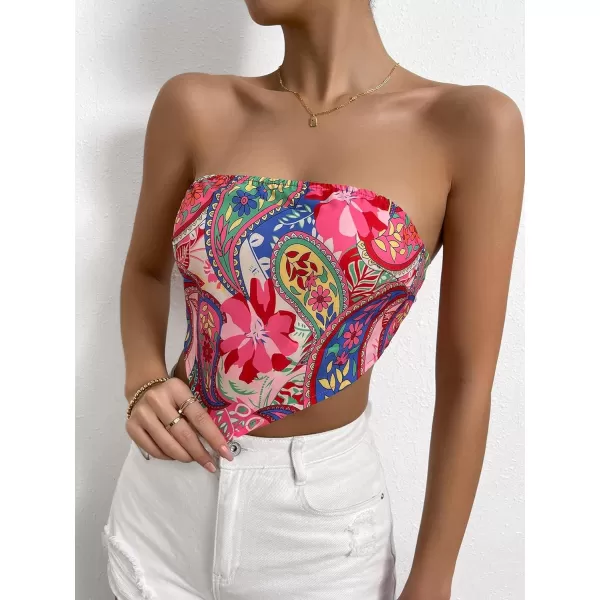 Floerns Women's Graphic Print Tie Back Strapless Bandana Tube Top