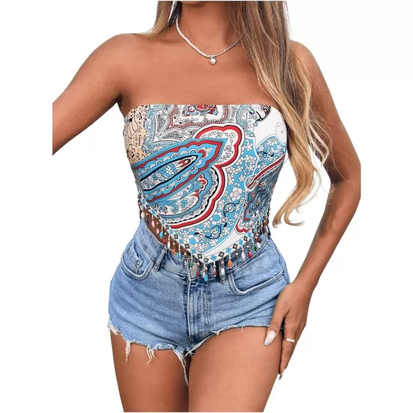 Floerns Women's Graphic Print Tie Back Strapless Bandana Tube Top