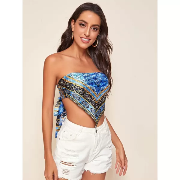 Floerns Women's Graphic Print Tie Back Strapless Bandana Tube Top