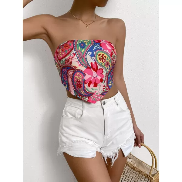 Floerns Women's Graphic Print Tie Back Strapless Bandana Tube Top