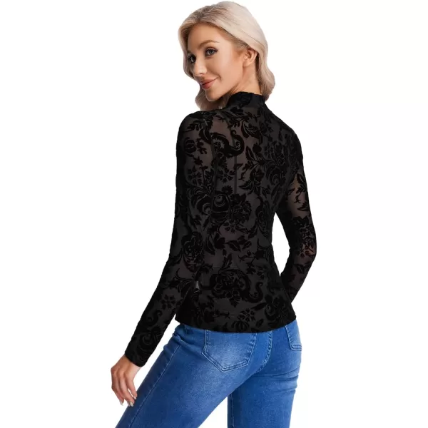 Floerns Women's Mock Neck Long Sleeve See Though Sheer Mesh Tops Tee Shirt