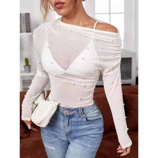 Floerns Women's Mock Neck Long Sleeve See Though Sheer Mesh Tops Tee Shirt