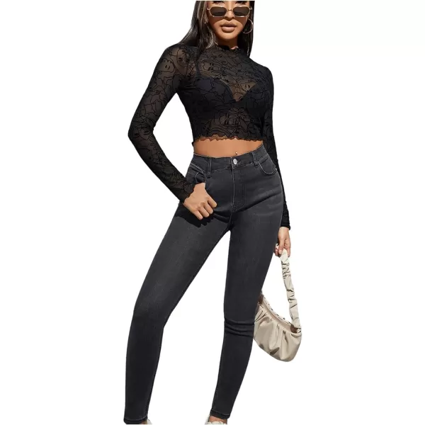 Floerns Women's Mock Neck Long Sleeve See Though Sheer Mesh Tops Tee Shirt