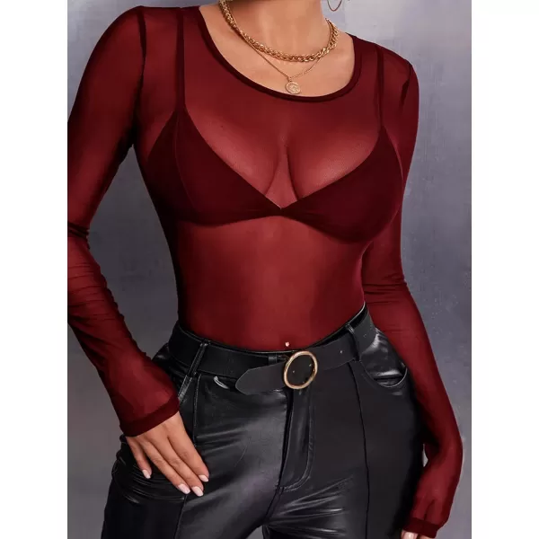 Floerns Women's Mock Neck Long Sleeve See Though Sheer Mesh Tops Tee Shirt
