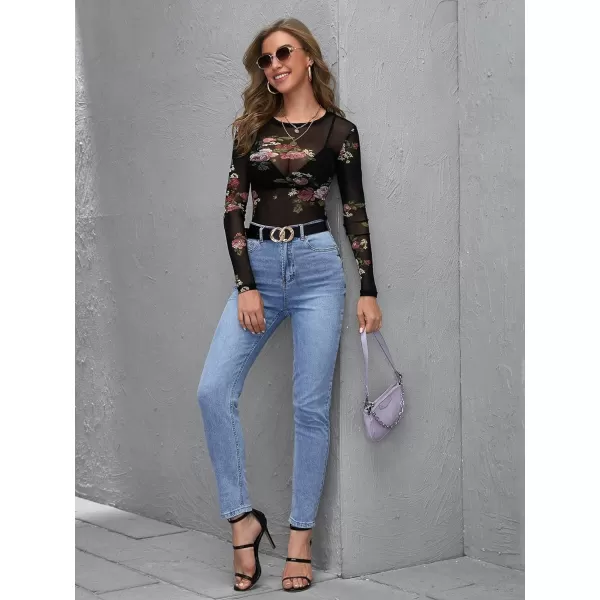 Floerns Women's Mock Neck Long Sleeve See Though Sheer Mesh Tops Tee Shirt